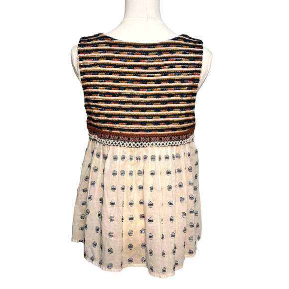 Zara Cream Brown Sleeveless Embroidered Tassle Tie Cotton Blouse Small Boho - Picture 4 of 9